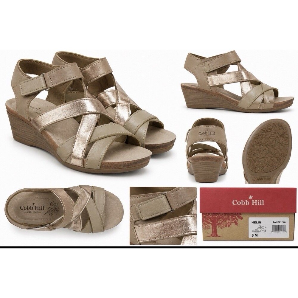 Cobb Hill Helin Women’s 6M Taupe Gold Leather Wedge Sandals NEW IN BOX